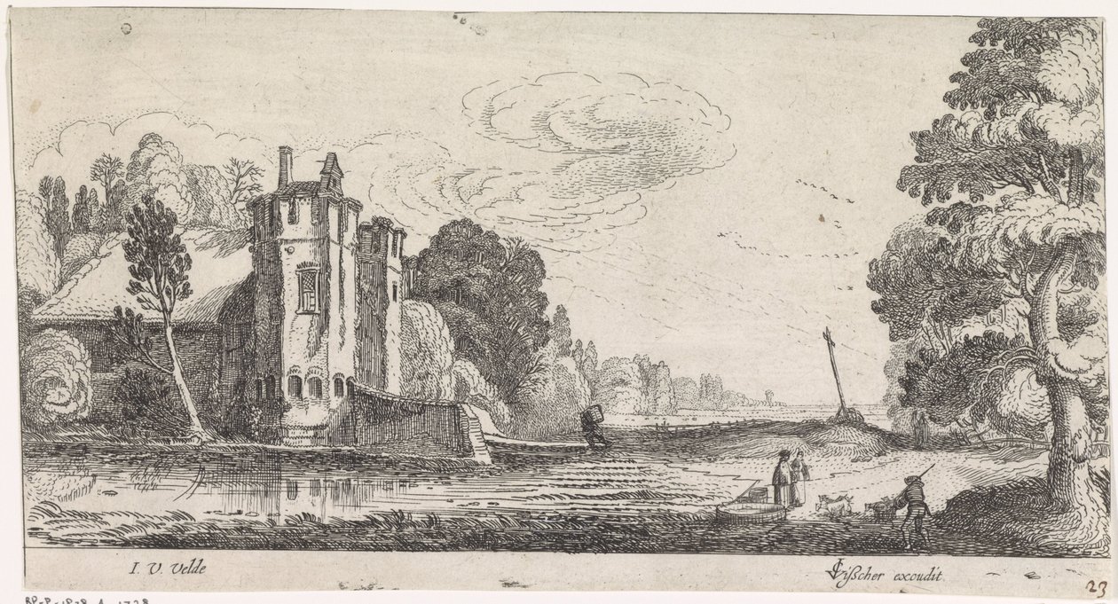 Landskap med figurer vid ett befäst hus med två torn av Jan van de Velde (II)
