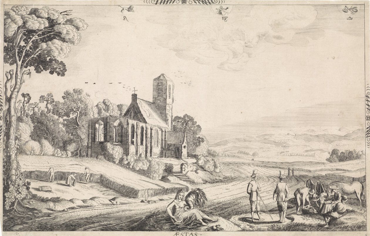 Landskap med spannmålsskörd Aestas (titel på objekt) av Jan van de Velde (II)
