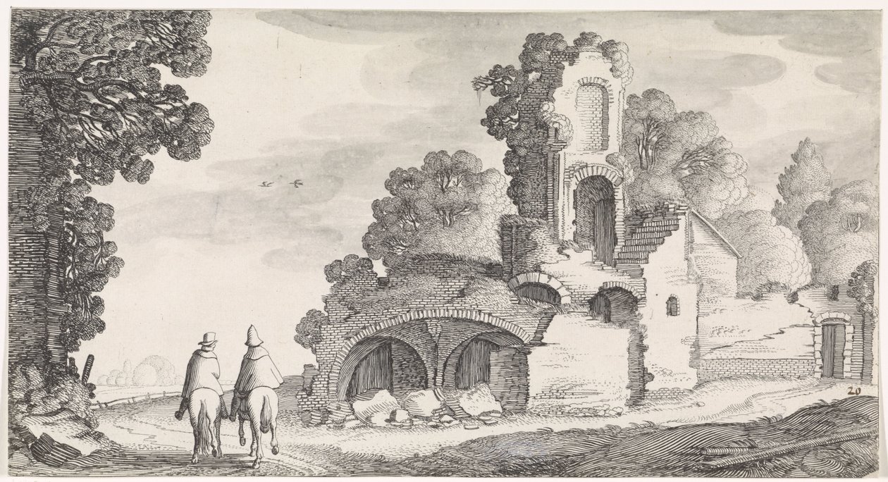 Landskap med ruin och två ryttare Playsante landskap och roliga ansikten (serietitel) av Jan van de Velde (II)