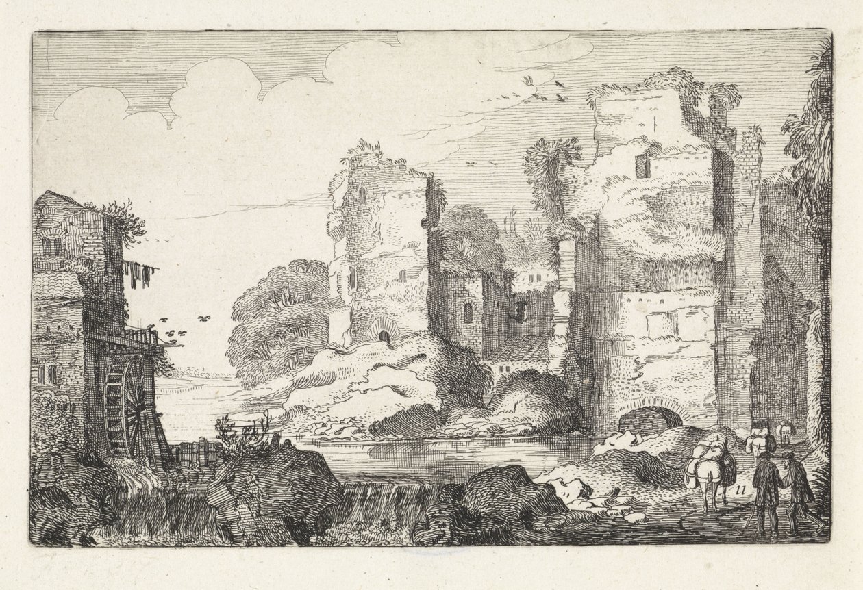 Landskap med ruiner och en vattenkvarn Landskap (serietitel) Amenissimae aliquot requculae (serietitel) av Jan van de Velde (II)