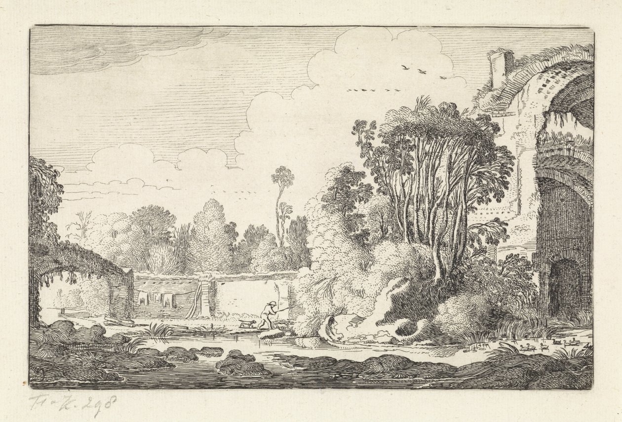 Man med en hund vid en ruin Landskap (serietitel) Amenissimae aliquot requculae (serietitel) av Jan van de Velde (II)