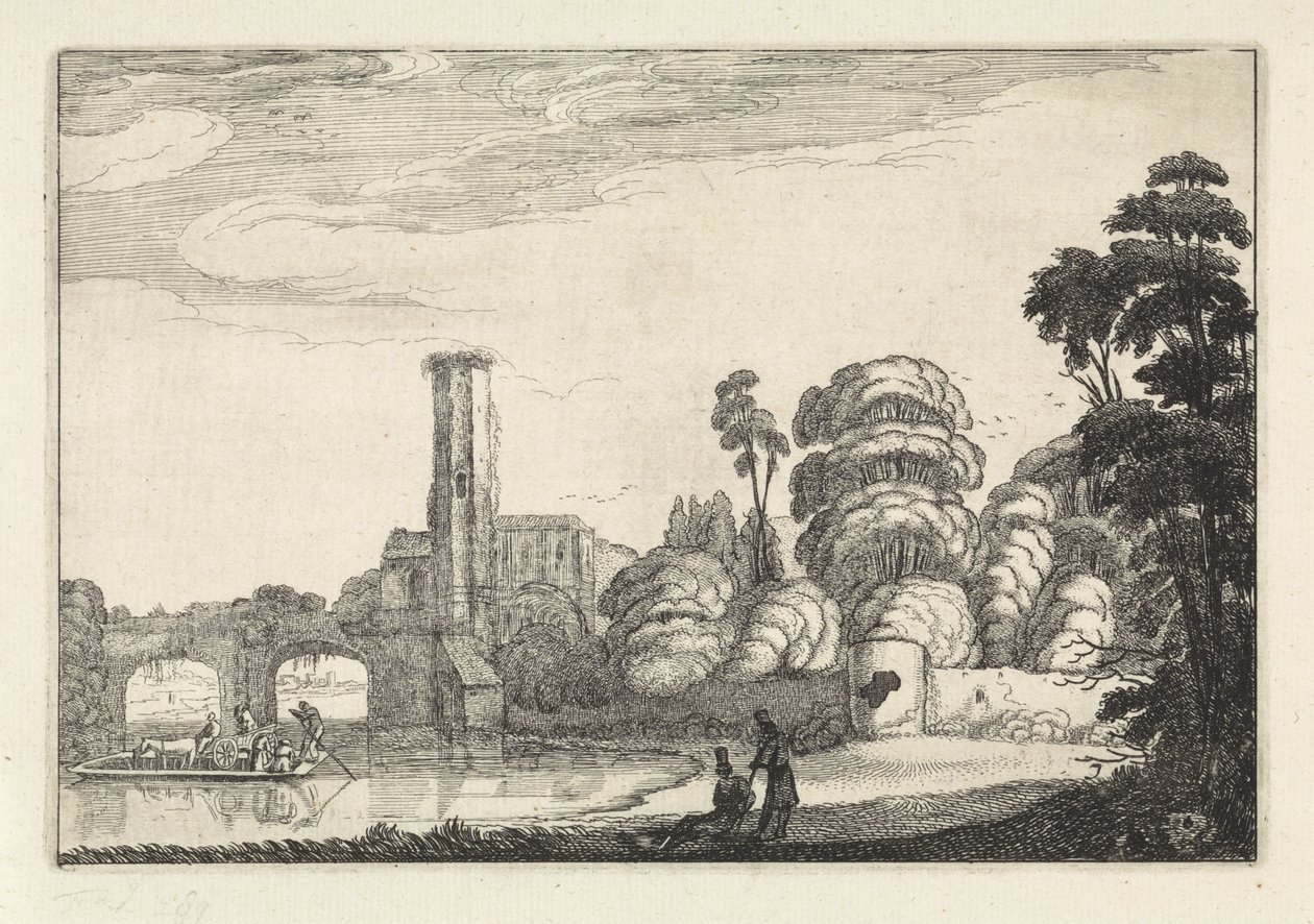 Pont vid en bro och en ruin Landskap (serietitel) Amenissimae aliquot requculae (serietitel) av Jan van de Velde (II)