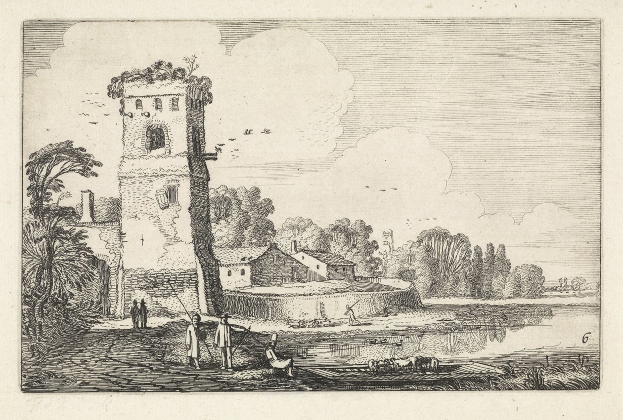 Pont med får vid ett torn i ett flodlandskap Landskap (serietitel) Amenissimae aliquot requculae (serietitel) av Jan van de Velde (II)