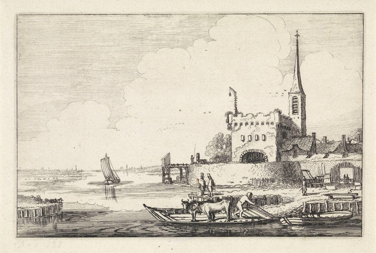 Pont med boskap vid en fästning i ett flodlandskap Landskap (serietitel) Amenissimae aliquot requculae (serietitel) av Jan van de Velde (II)