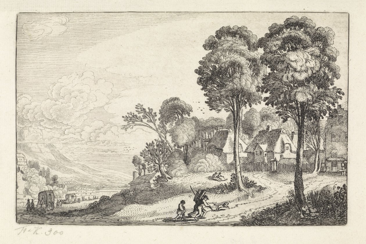 Resenärer på en stig nära en by Landskap (serietitel) Amenissimae aliquot requculae (serietitel) av Jan van de Velde (II)
