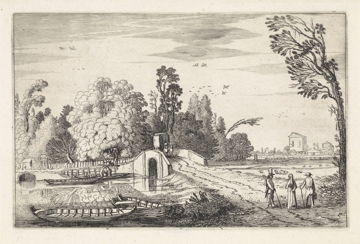 Flodlandskap med en stenbro Landskap (serietitel) Amenissimae aliquot requculae (serietitel) av Jan van de Velde (II)