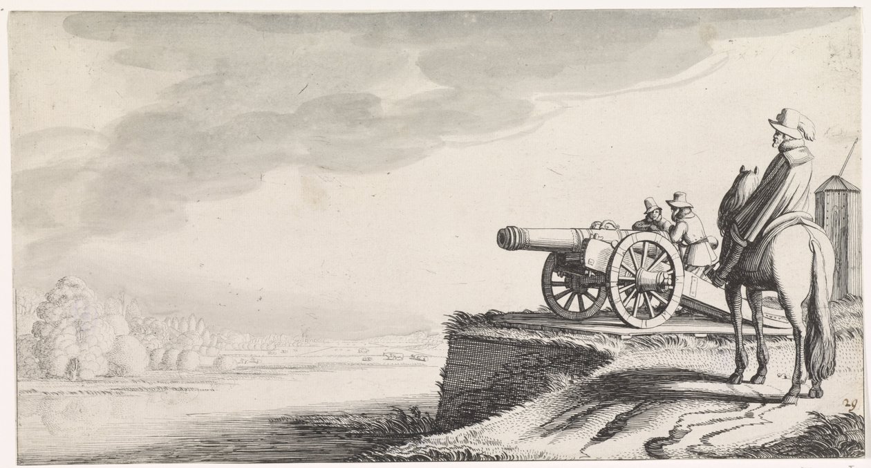 Ryttare och två soldater vid en kanon på en flodstrand Playsante landskap och roliga ansikten (serietitel) av Jan van de Velde (II)