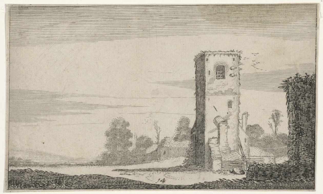 Ruïne van en toren i ett landskap Ruiner (serietitel) (serietitel) av Jan van de Velde (II)
