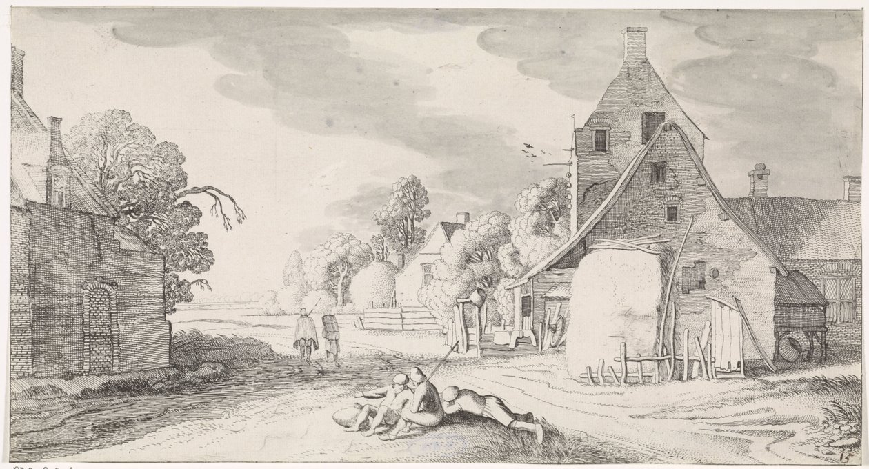 Bönder vilar längs en väg i en by Lekfulla landskap och underhållande ansikten (serietitel) av Jan van de Velde (II)