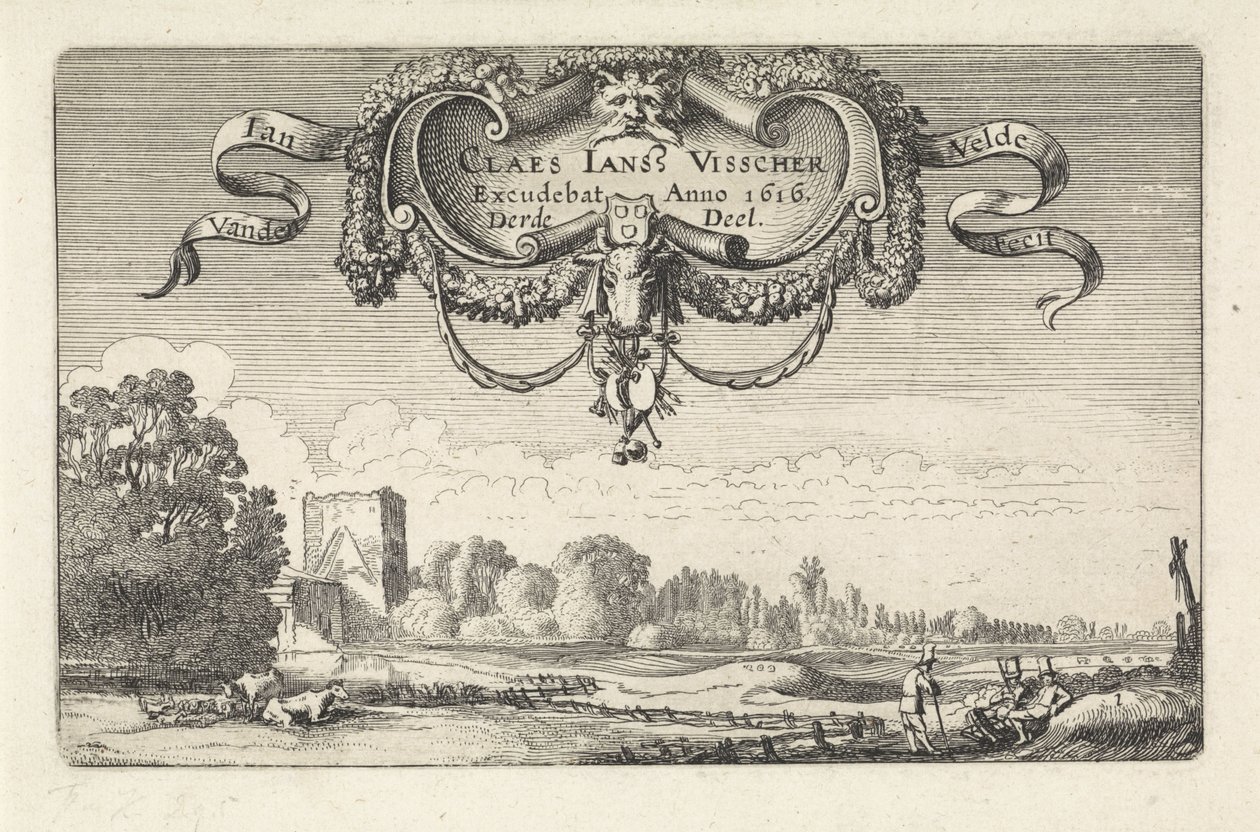 Vilande figurer i ett landskap med kor och ett torn Landskap (serietitel) Amenissimae aliquot requculae (serietitel) av Jan van de Velde (II)