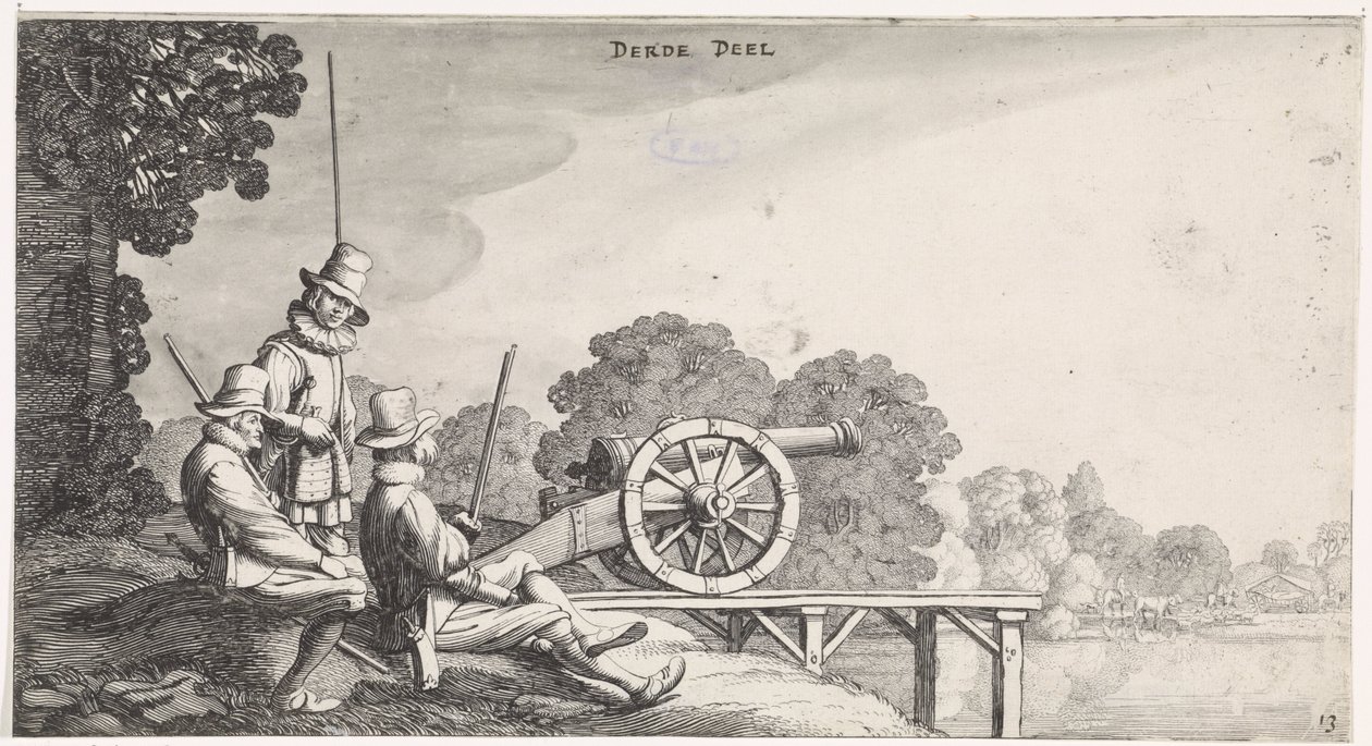 Soldater nära en kanon på en brygga vid en flod Lekfulla landskap och underhållande ansikten (serietitel) av Jan van de Velde (II)
