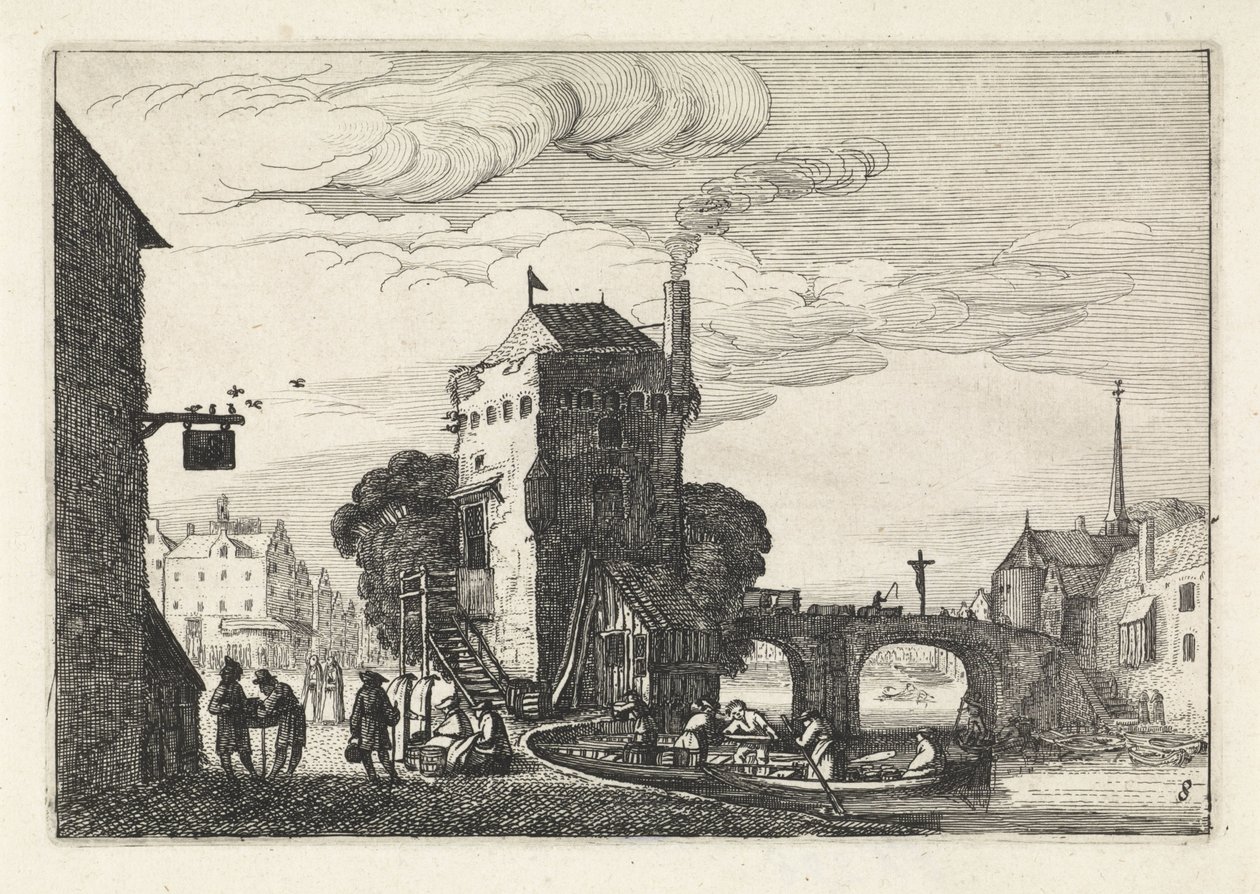 Stadsbild med en bro över en flod Landskap (serietitel) Amenissimae aliquot requculae (serietitel) av Jan van de Velde (II)