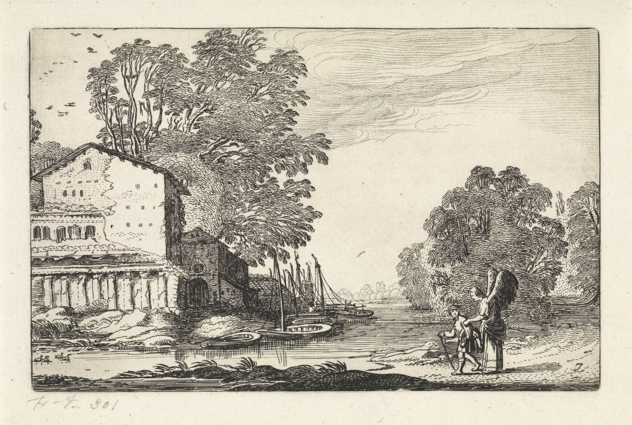 Tobias och ängeln i ett landskap med en ruin Landskap (serietitel) Amenissimae aliquot requculae (serietitel) av Jan van de Velde (II)