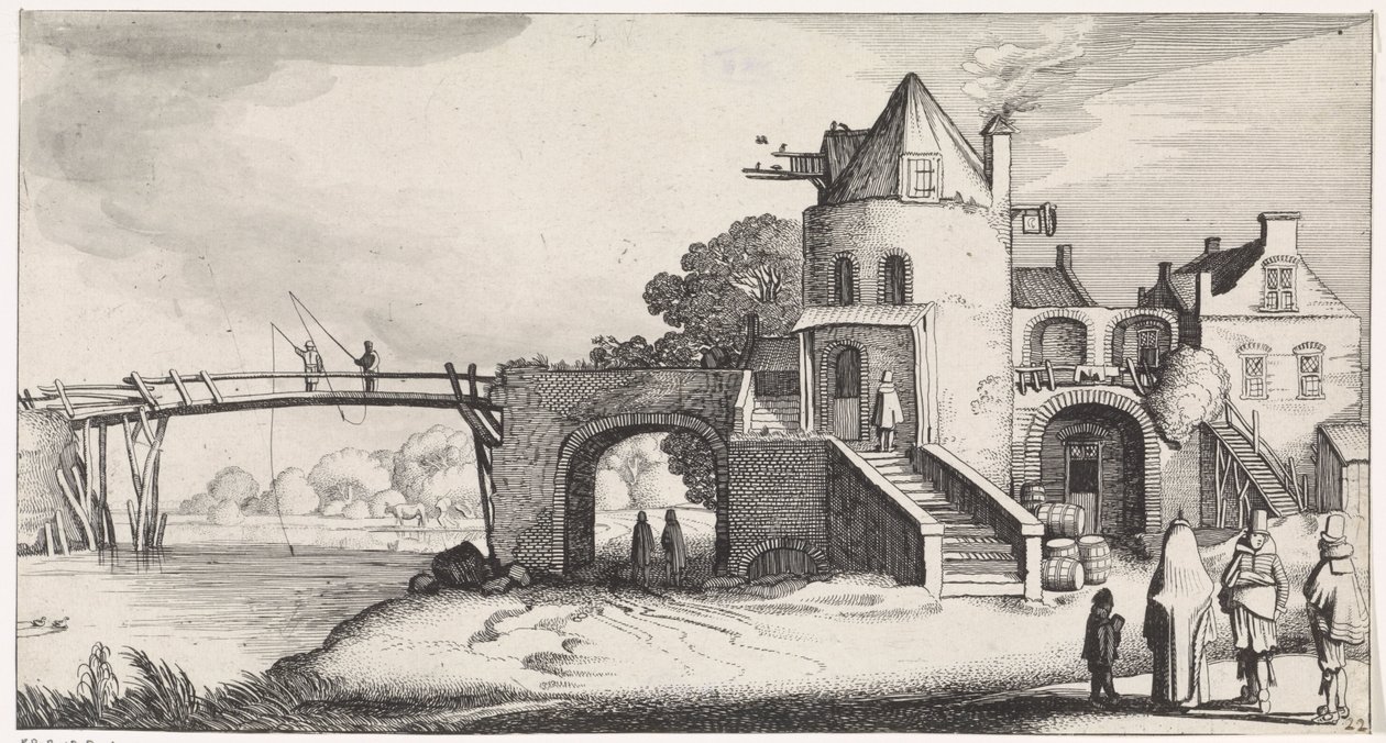 Tullhus med träbro över floden Playsante landskap och roliga ansikten (serietitel) av Jan van de Velde (II)