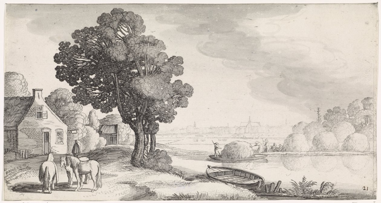 Hötransport på en flod med Haarlem i fjärran Playsante landskap och roliga ansikten (serietitel) av Jan van de Velde (II)