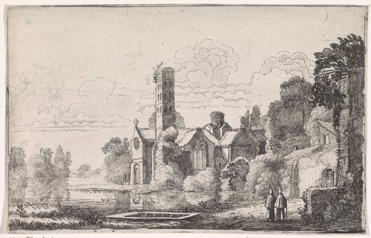Två munkar vid ett kloster i ett flodlandskap Flodlandskap (serietitel) av Jan van de Velde (II)