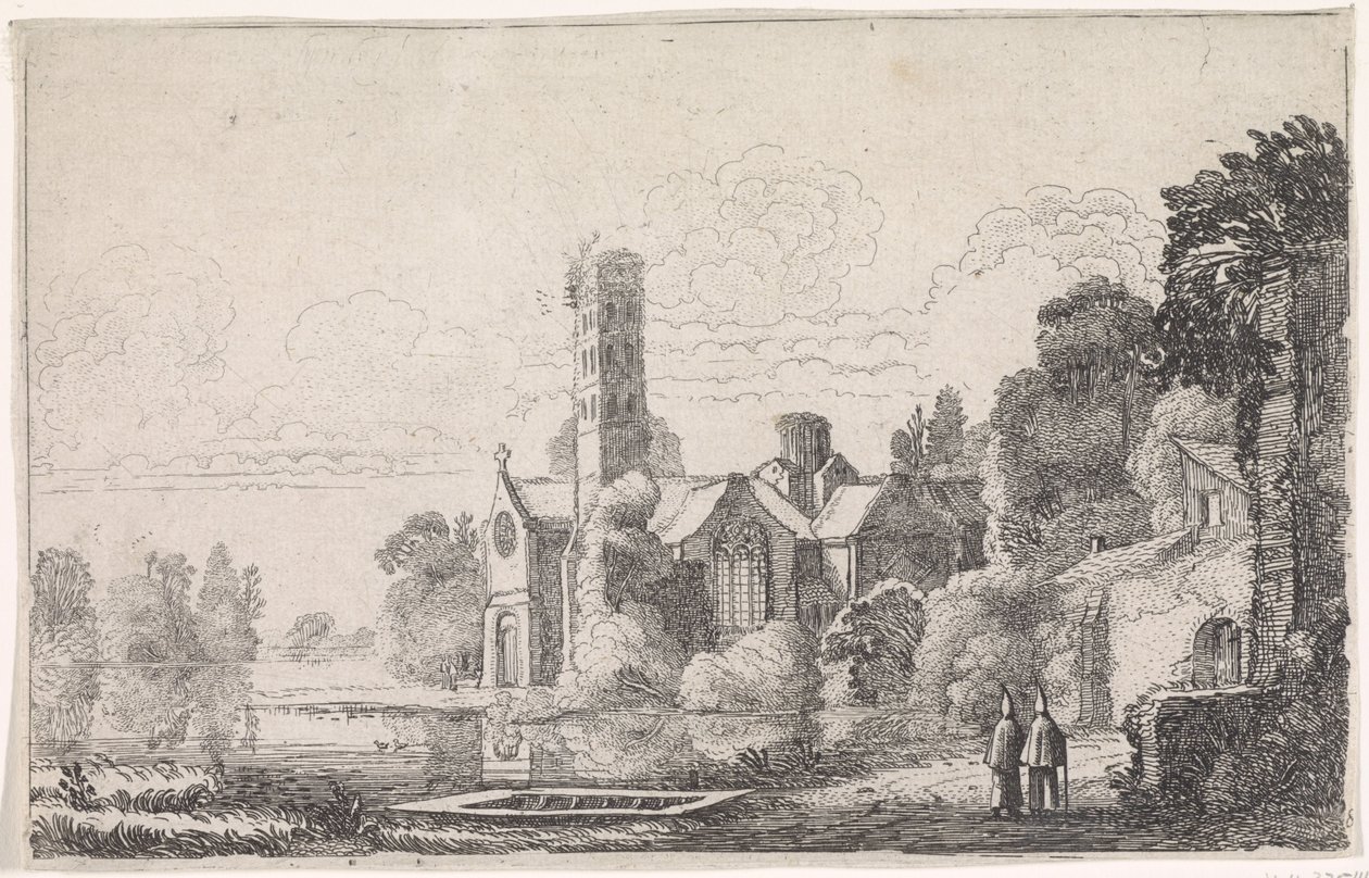 Två munkar vid ett kloster i ett flodlandskap Flodlandskap (serietitel) av Jan van de Velde (II)