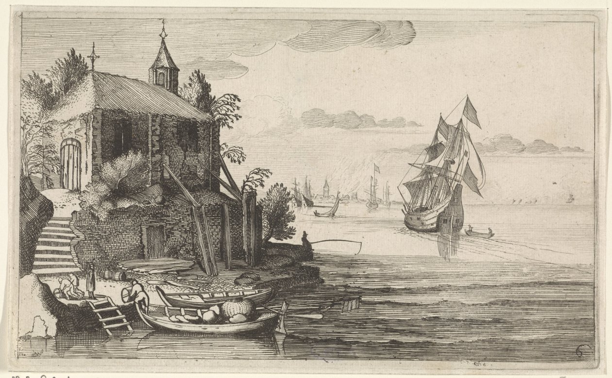 Tvåmästare vid en kust med kapell Seascapes (serietitel) av Jan van de Velde (II)