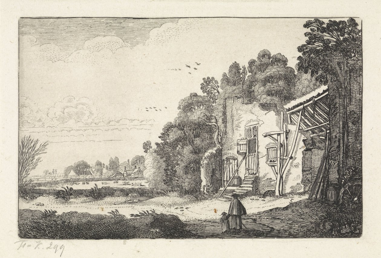 Kvinna med barn vid en ruin av ett hus Landskap (serietitel) Amenissimae aliquot requculae (serietitel) av Jan van de Velde (II)