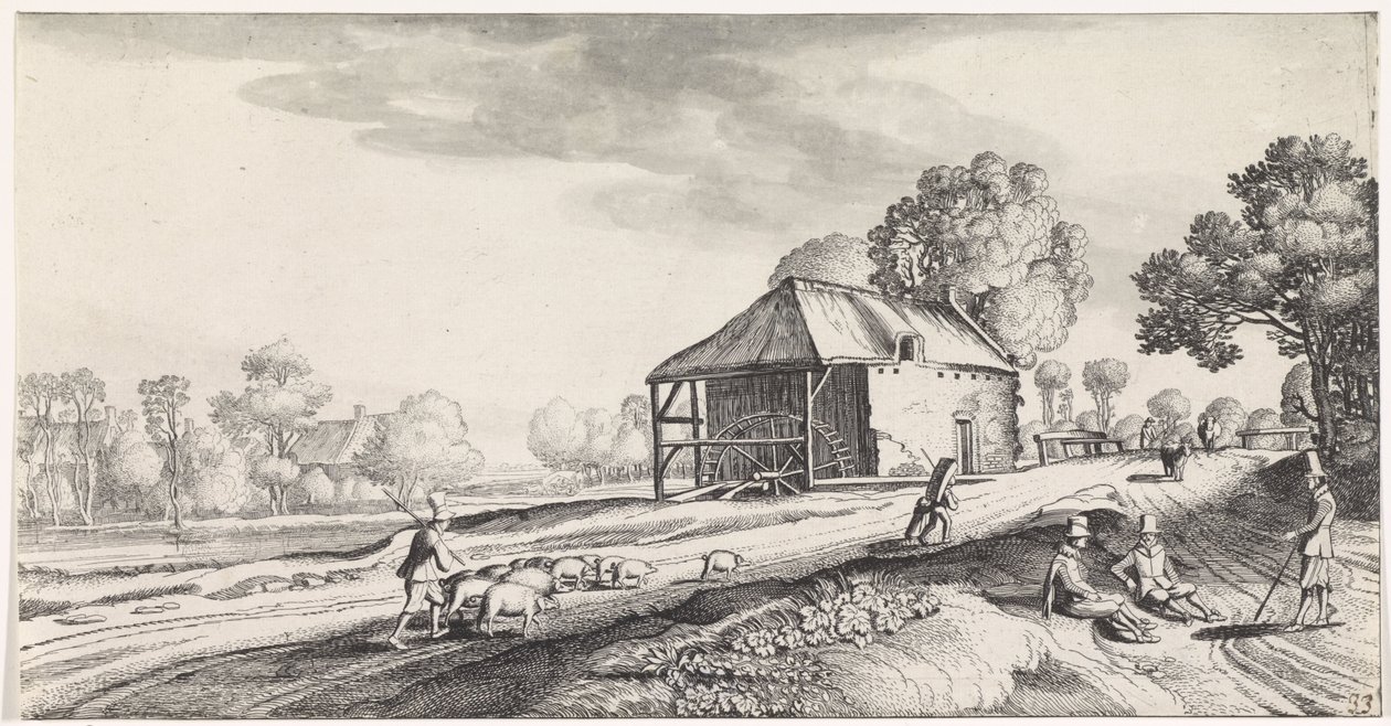 Väggaffel vid en vattenkvarn Playsante landskap och roliga ansikten (serietitel) av Jan van de Velde (II)