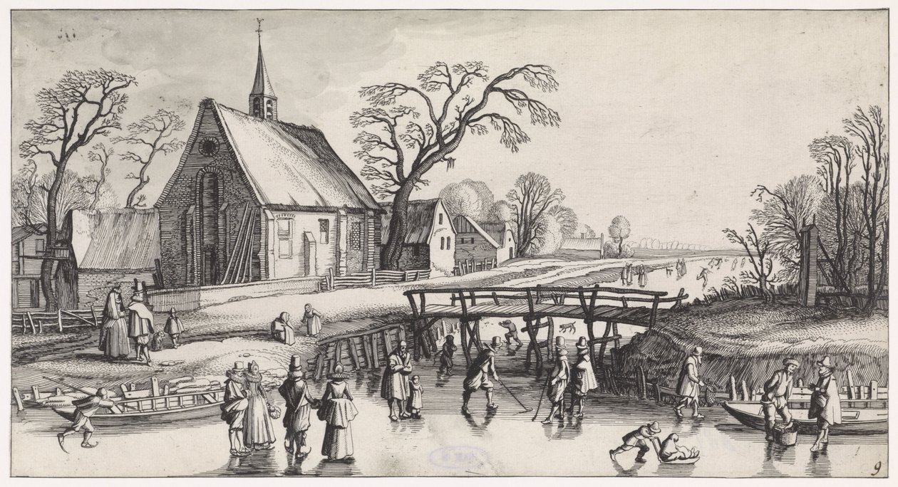 Vinterlandskap med skridskoåkare nära en by Lekfulla landskap och underhållande ansikten (serietitel) av Jan van de Velde (II)