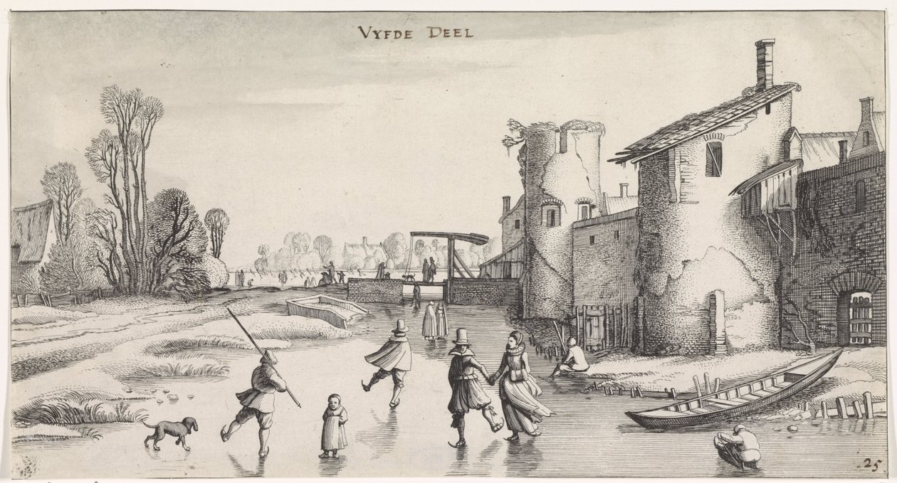 Vinterlandskap med skridskoåkare vid en stadsmur Trevliga landskap och underhållande sevärdheter (serietitel) av Jan van de Velde (II)