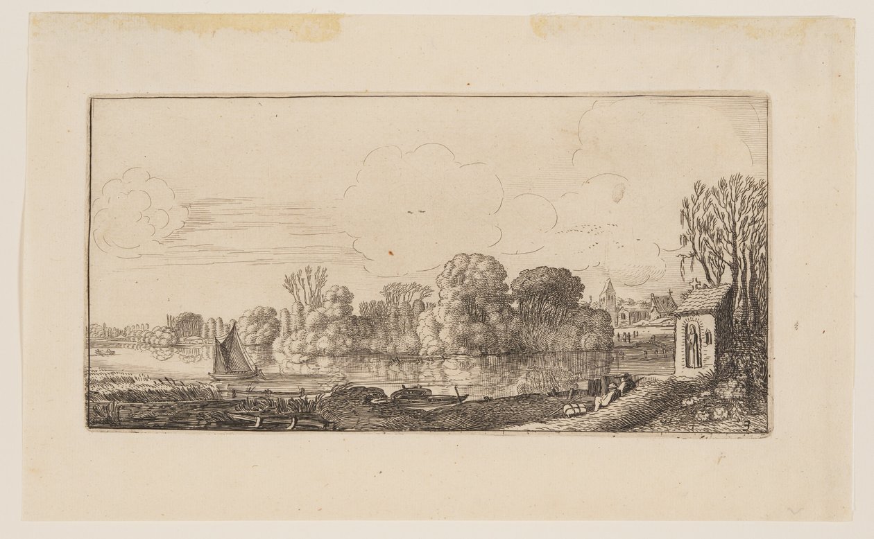 Ett litet kapell vid en damm, från Six Landscapes av Jan van de Velde II