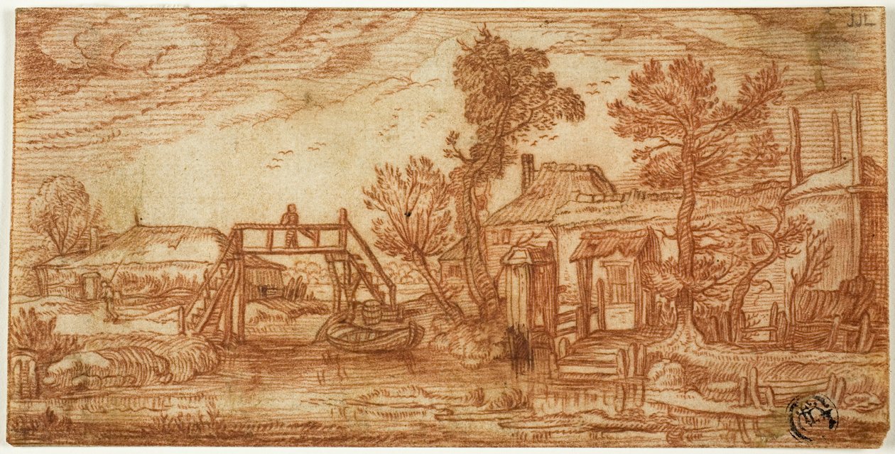 Kanal med bro och hus av Jan van de Velde II