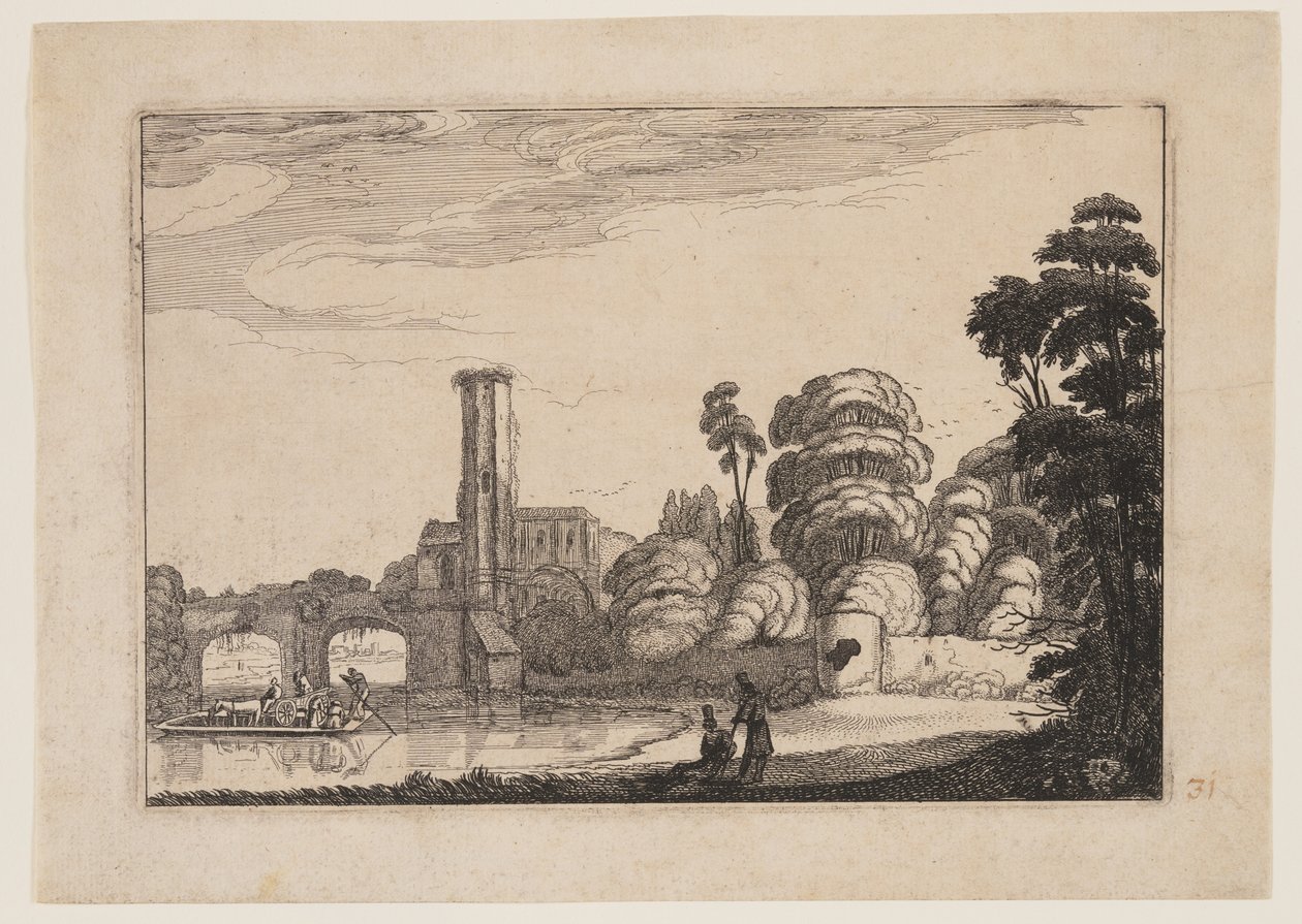 Färja framför en stenbro av Jan van de Velde II