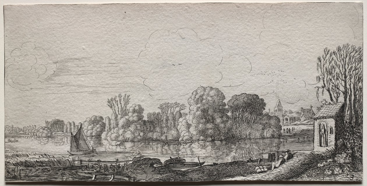 Landskap: Ett litet kapell vid en damm av Jan van de Velde II