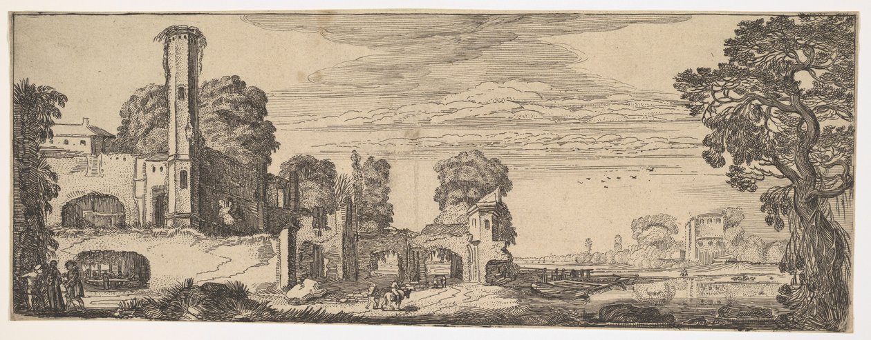 Flodlandskap med ruiner av ett slott från Landscapes and Ruins, ca. 1615. av Jan van de Velde II