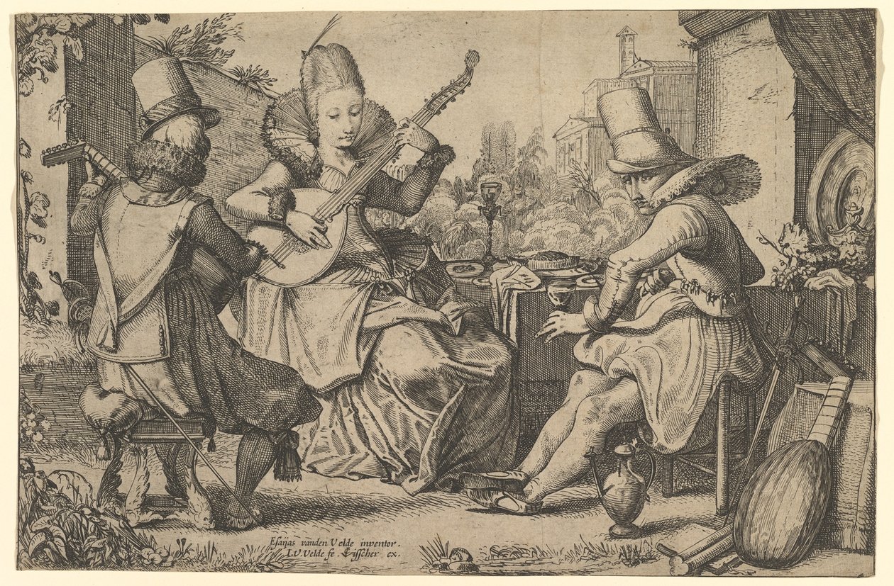 Två elegant klädda män och en kvinna i en trädgård, 1613-41. av Jan van de Velde II