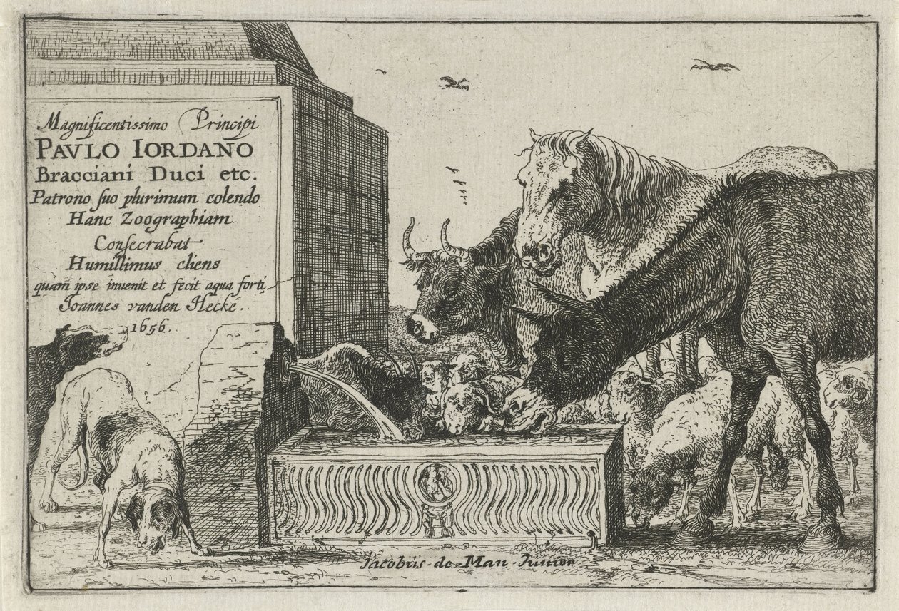 Djur vid en fontän Titeltryck på en serie tryck med representationer av djur Djur (serietitel) Zoographiam (serietitel på objekt) av Jan van den Hecke