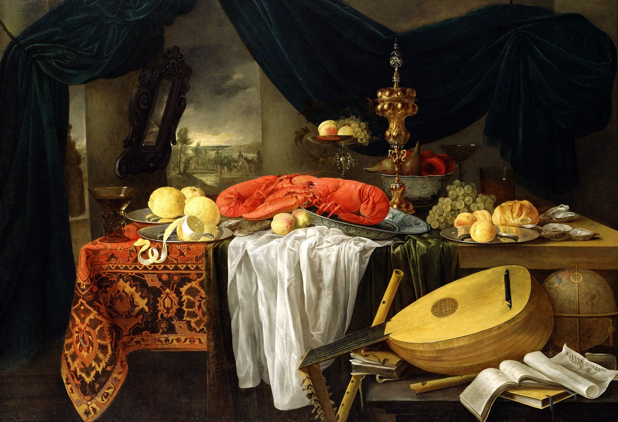 Stilleben med en hummer, citroner och en luta, 1645 av Jan van den Hecke