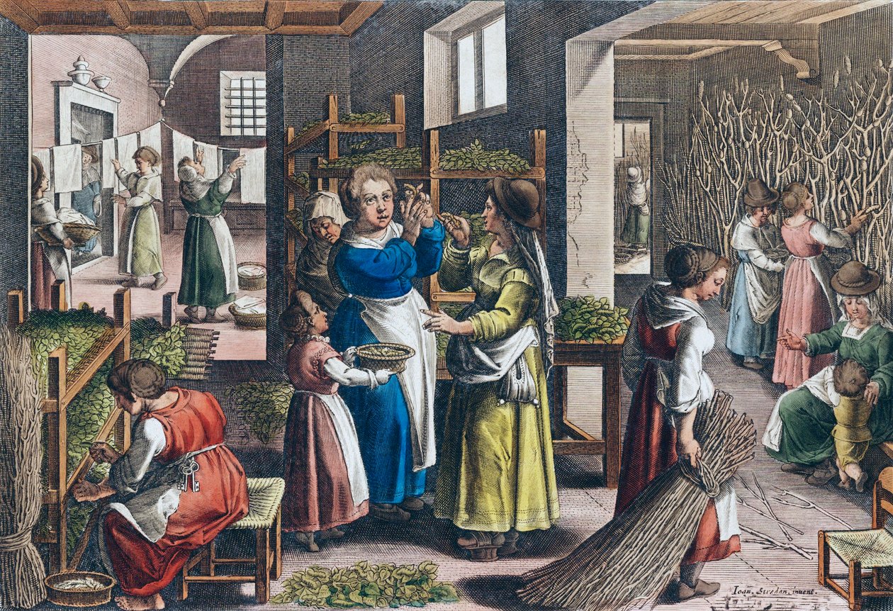 Sidenproduktion i Europa på 1500-talet (tryck) av Jan van der (1523 1605) (after) Straet