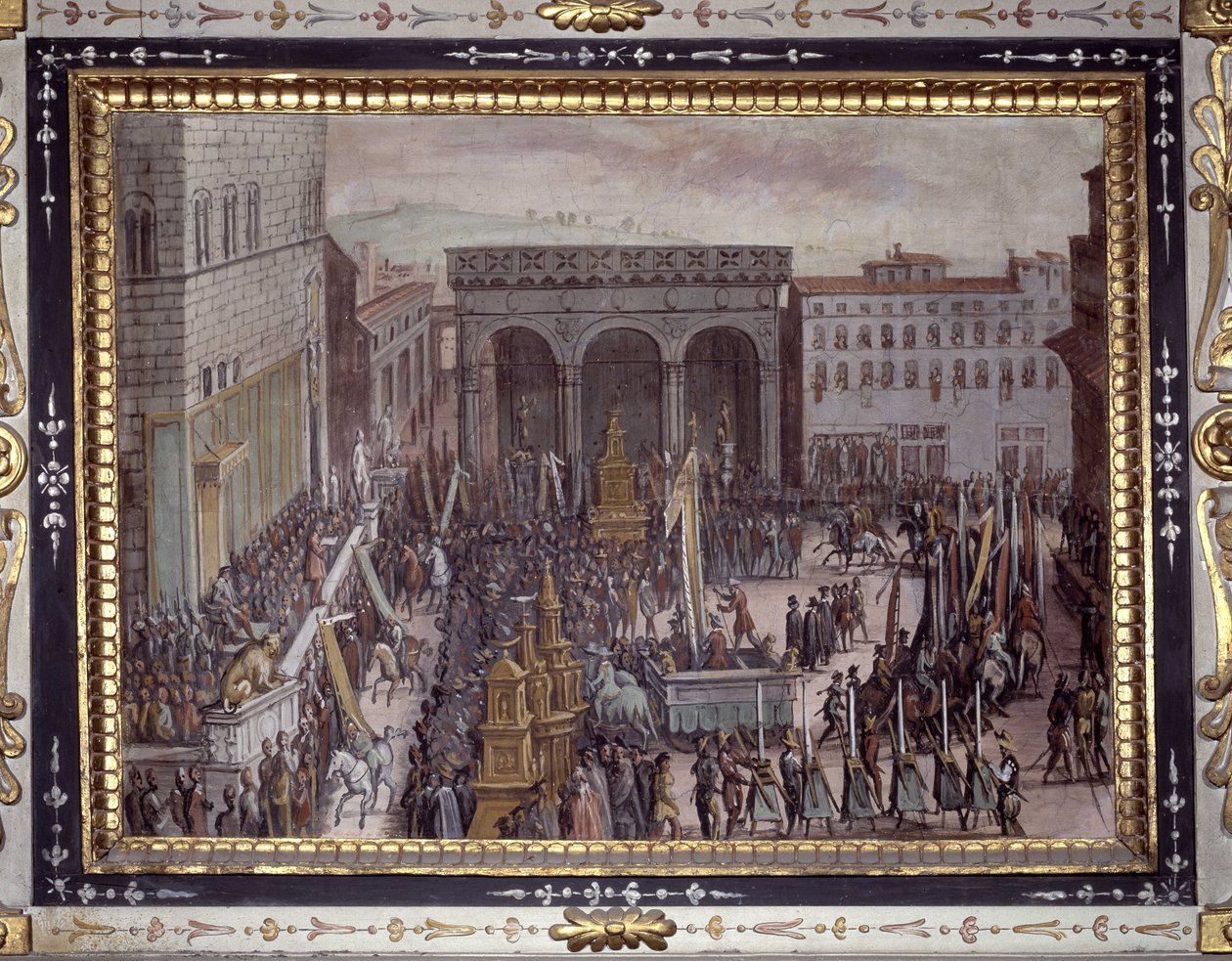 Firandet av smicker i Florens (firandet av hyllningar på Piazza della Signoria, Florens) av Jan van der Straet