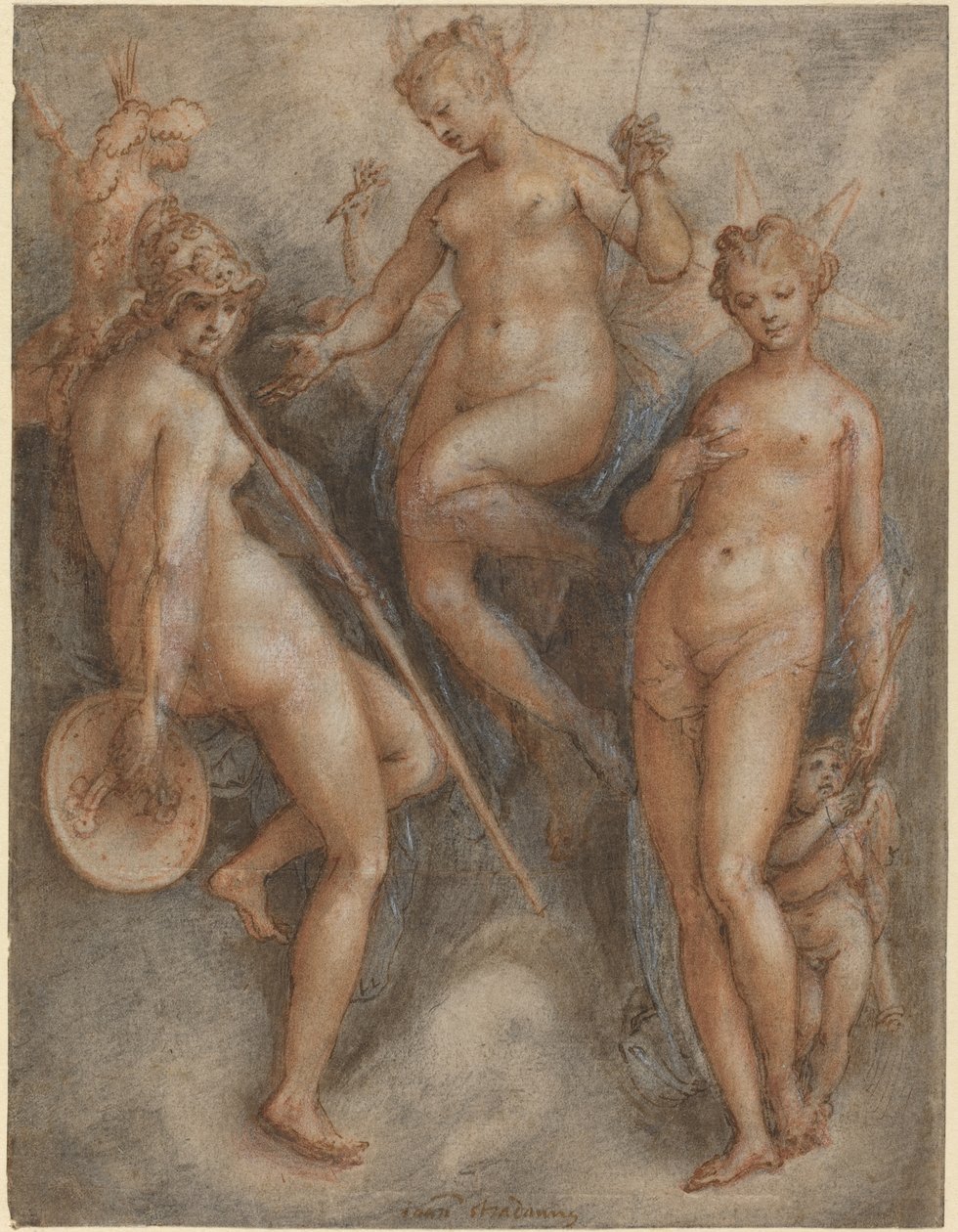 Tre gudinnor: Minerva, Juno och Venus, ca 1587 (penna och brunt bläck och svart och röd krita förhöjd med vitt på papper) av Jan van der Straet