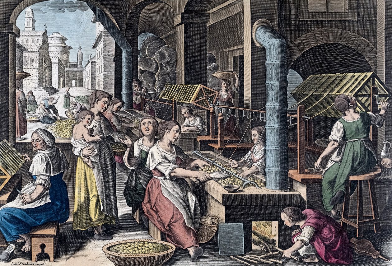 Sidenproduktion i Europa på 1500-talet (tryck) av Jan van der (1523 1605) (after) Straet