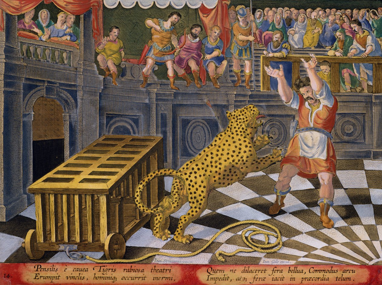 Den romerske kejsaren Commodus skjuter en pil för att underkuva en leopard som har rymt från sin bur i arenan, skylt 14 från 