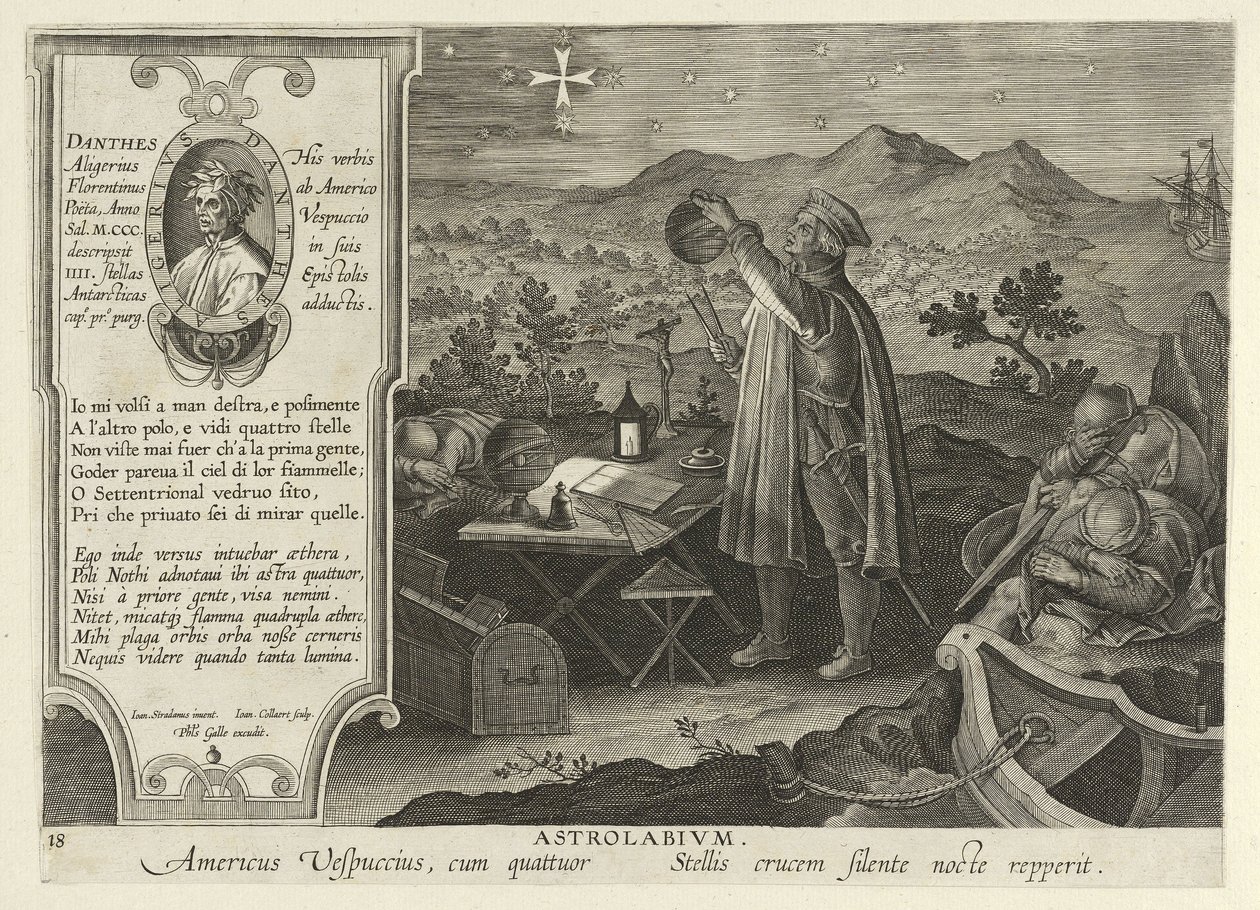 Amerigo Vespucci Upptäck södra korset med en astrolabium, från Nova Reperta, pub. 1600 (gravyr) av Jan van der Straet