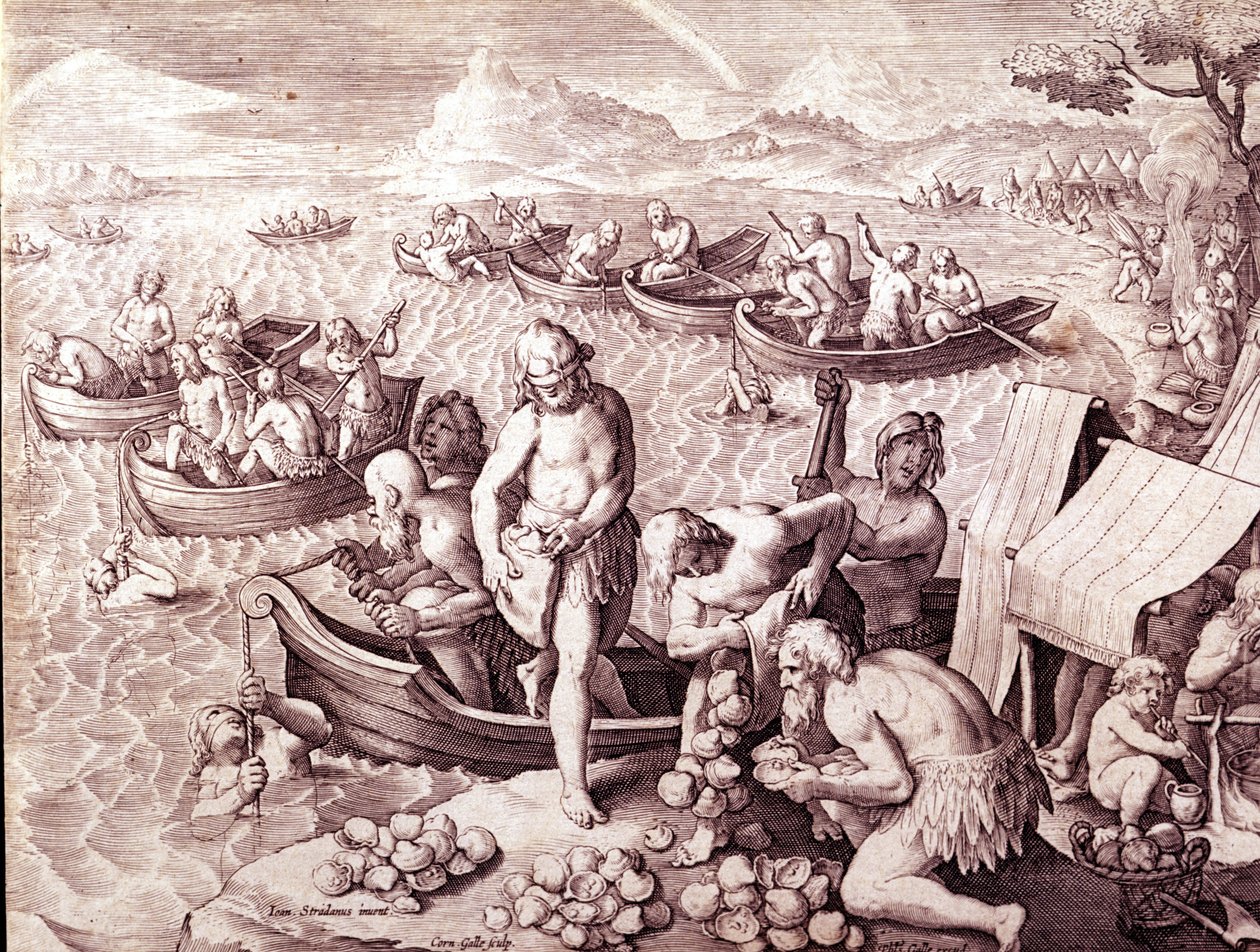 Ostronfiske. 1600-talet. Gravyr av Giovanni Stradano (Jan Van Der Straet) (Johannes Stradanus) (1523-1605). av Jan van der Straet