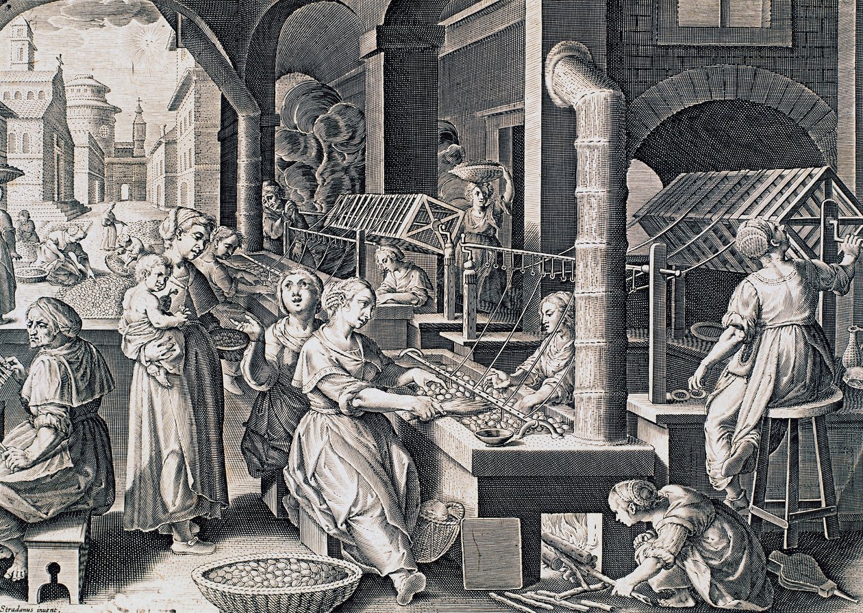 Vermis sericus, kvinnor som spinner silke och eldar silkesmaskar, gravyr av Stradanus (1523-1605), Italien av Jan van der Straet