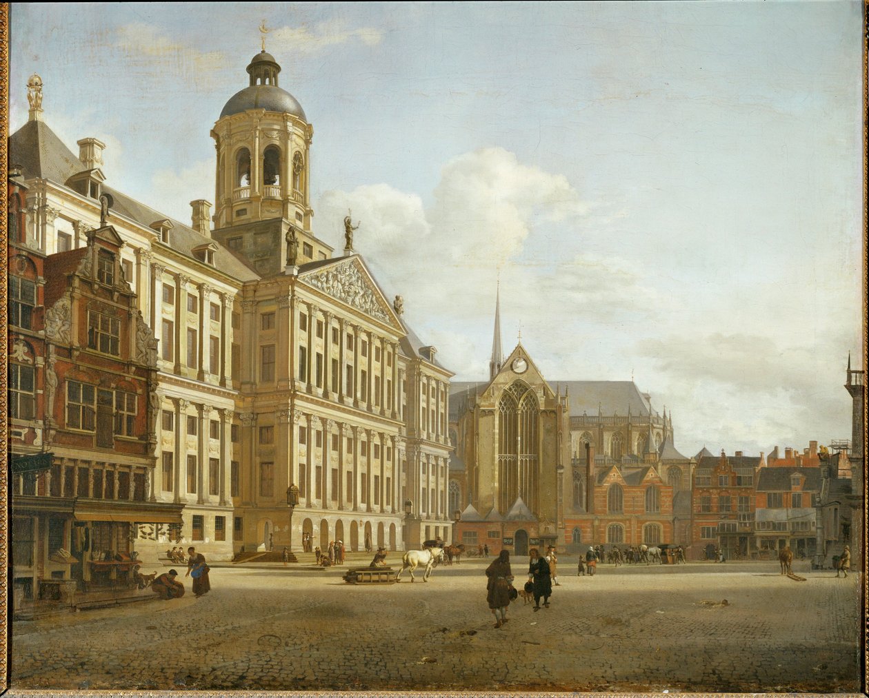 Dam Street och det nya stadshuset i Amsterdam, Nederländerna ... av Jan van der (manner of) Heyden