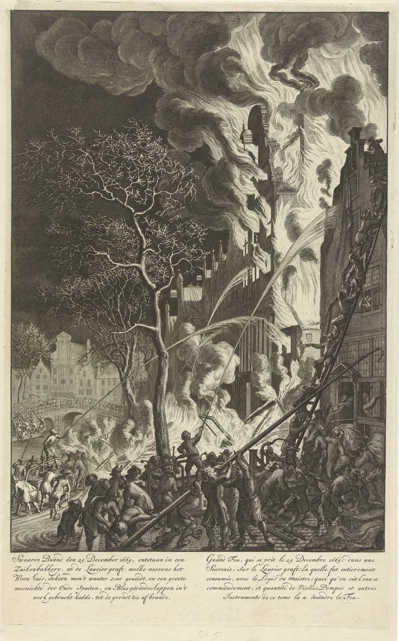 Brand på Lauriergracht i Amsterdam, 1669 Kraftig brand den 29 december 1669. uppstod i ett sockerbageri, på Laurier-transplantatet (…) / Grand feu, qui se prit le 29 december 1669. dans une sucrerie, sur le Laurier-transplantatet (…) (titel på objektet) av Jan van der Heyden (attributed to)