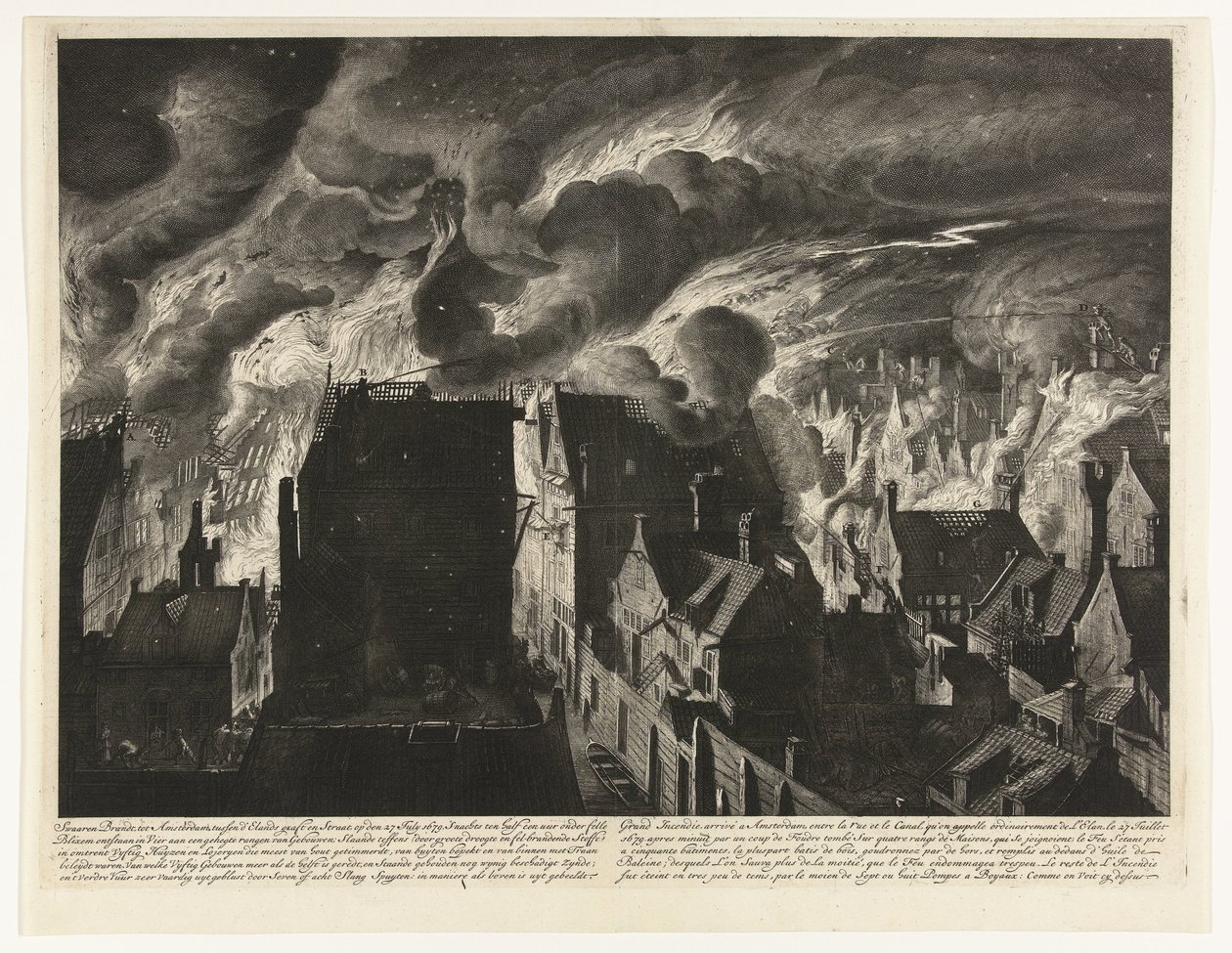 Släckning av den kraftiga branden på Elandsgracht, 1679 Swaaren brinner, till Amsterdam, mellan d