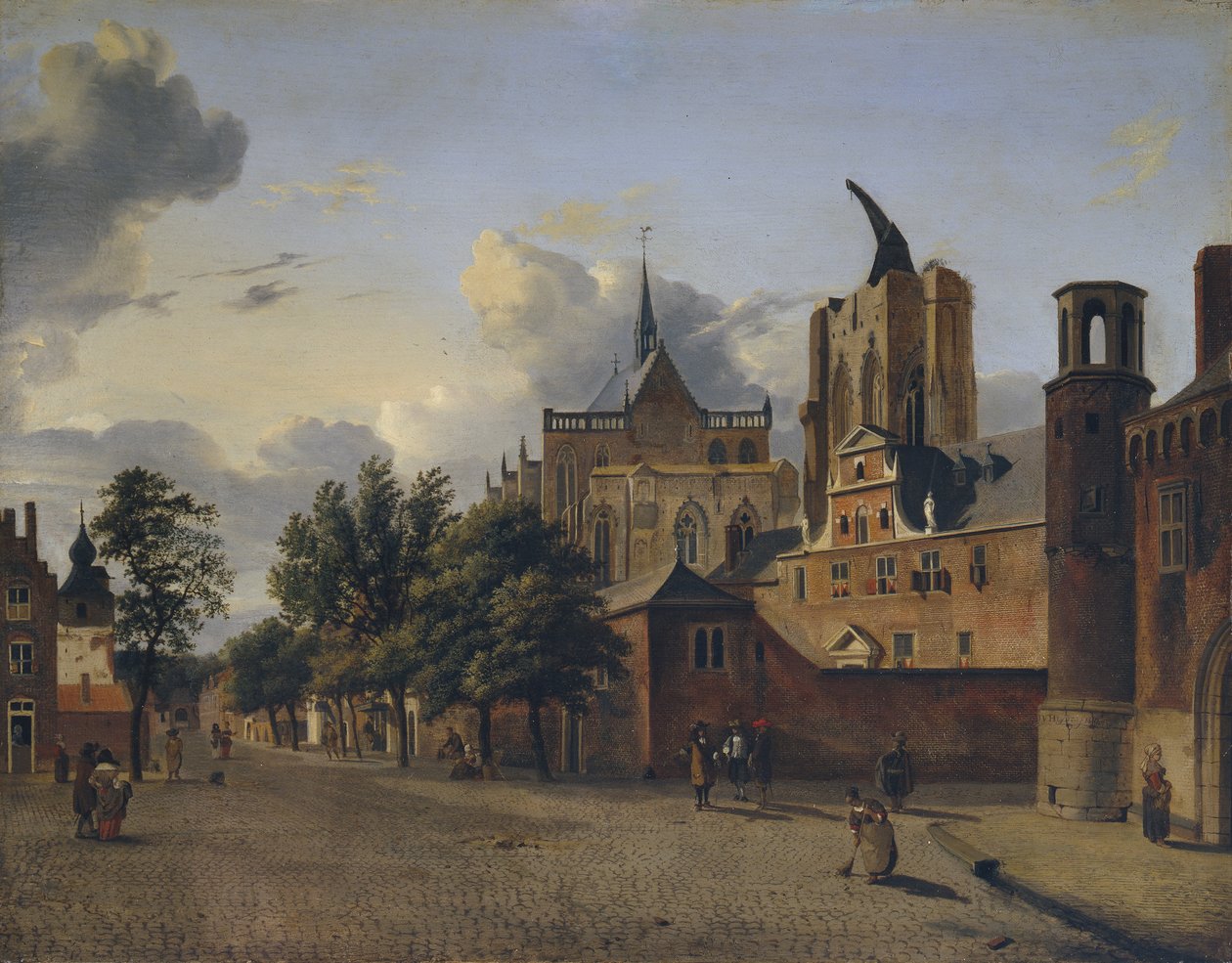 En gata i Köln med den ofärdiga katedralen i centrum av Jan van der Heyden