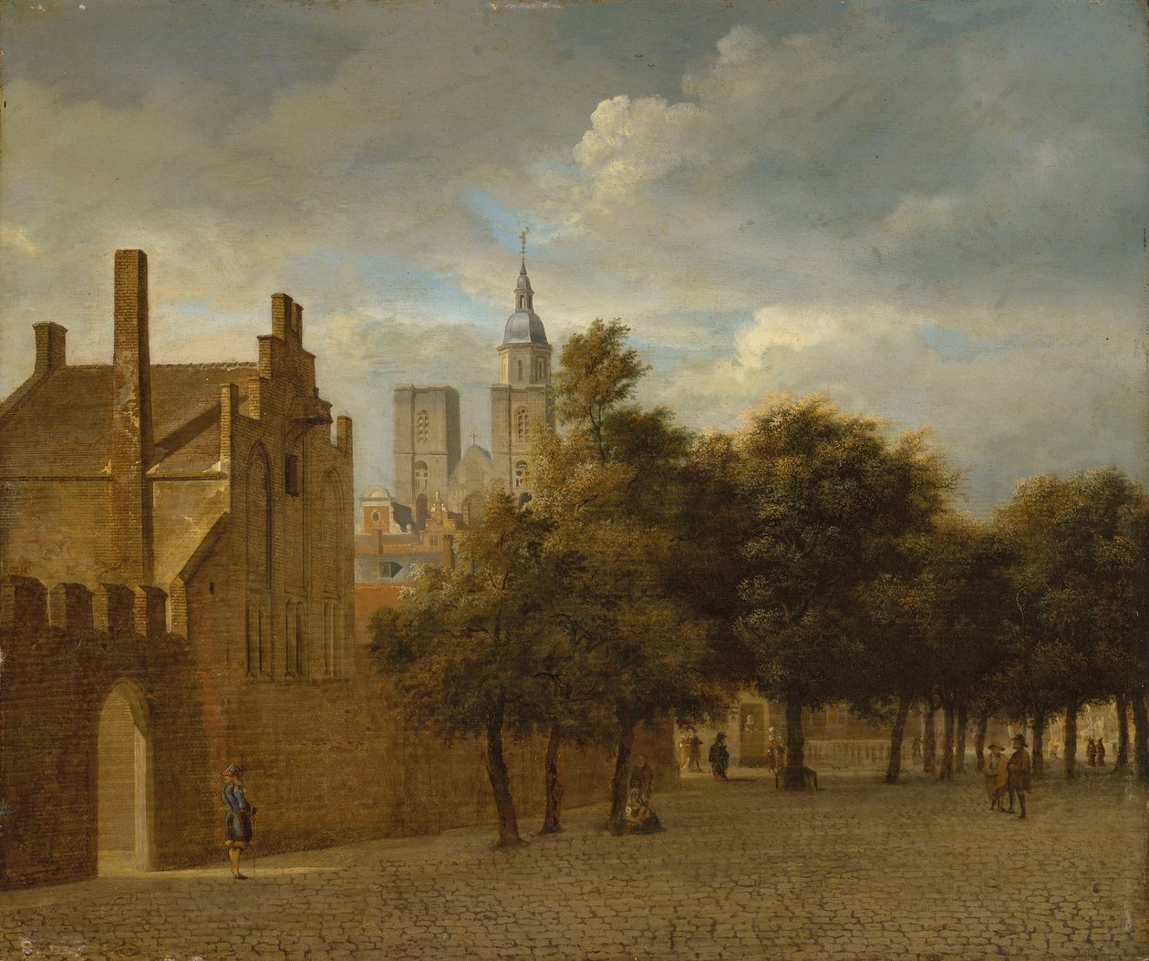 En stadsbild med människor som promenerar, en kyrka bortom av Jan van der Heyden