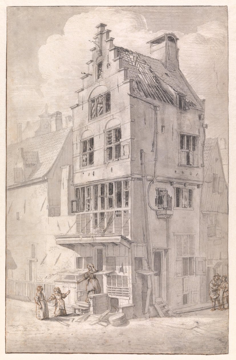 Ett nedbrunnet hus på Bloedstraat av Jan van der Heyden