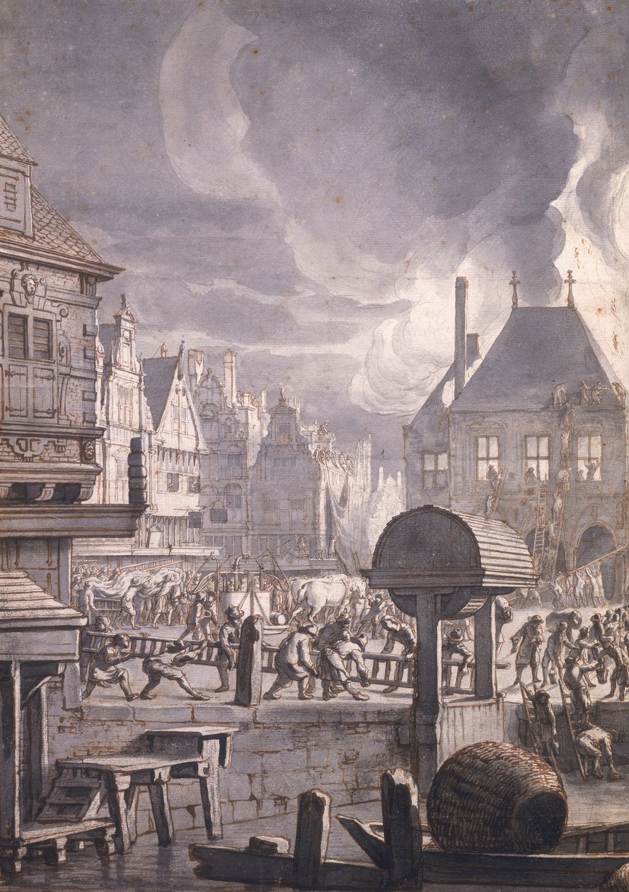 Brand i det gamla rådhuset i Amsterdam, 17 juli 1652 (penna och bläck och wc på papper) av Jan van der Heyden