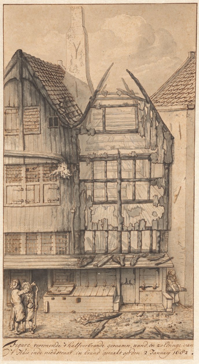 Två utbrända hus i Oude Nieuwstraat, 1682 av Jan van der Heyden